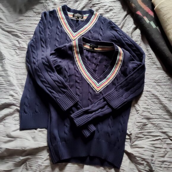 NWOT Hudson Bay Stripes His & Hers V-neck Sweaters Photoshoot Christmas Engageme - Picture 1 of 13